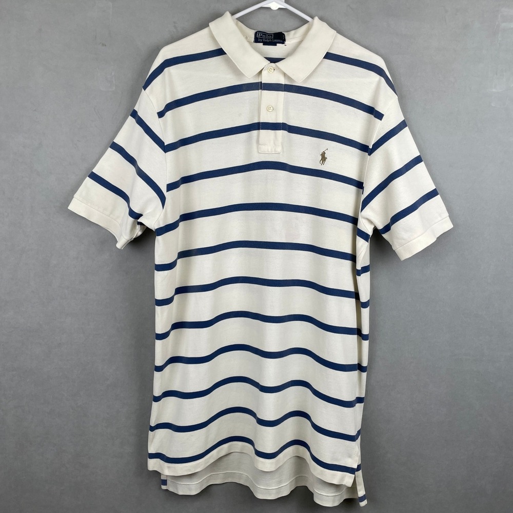 VTG 90s Polo Ralph Lauren Men XL Striped Polo Shirt Cream Blue Cotton Pique Pony